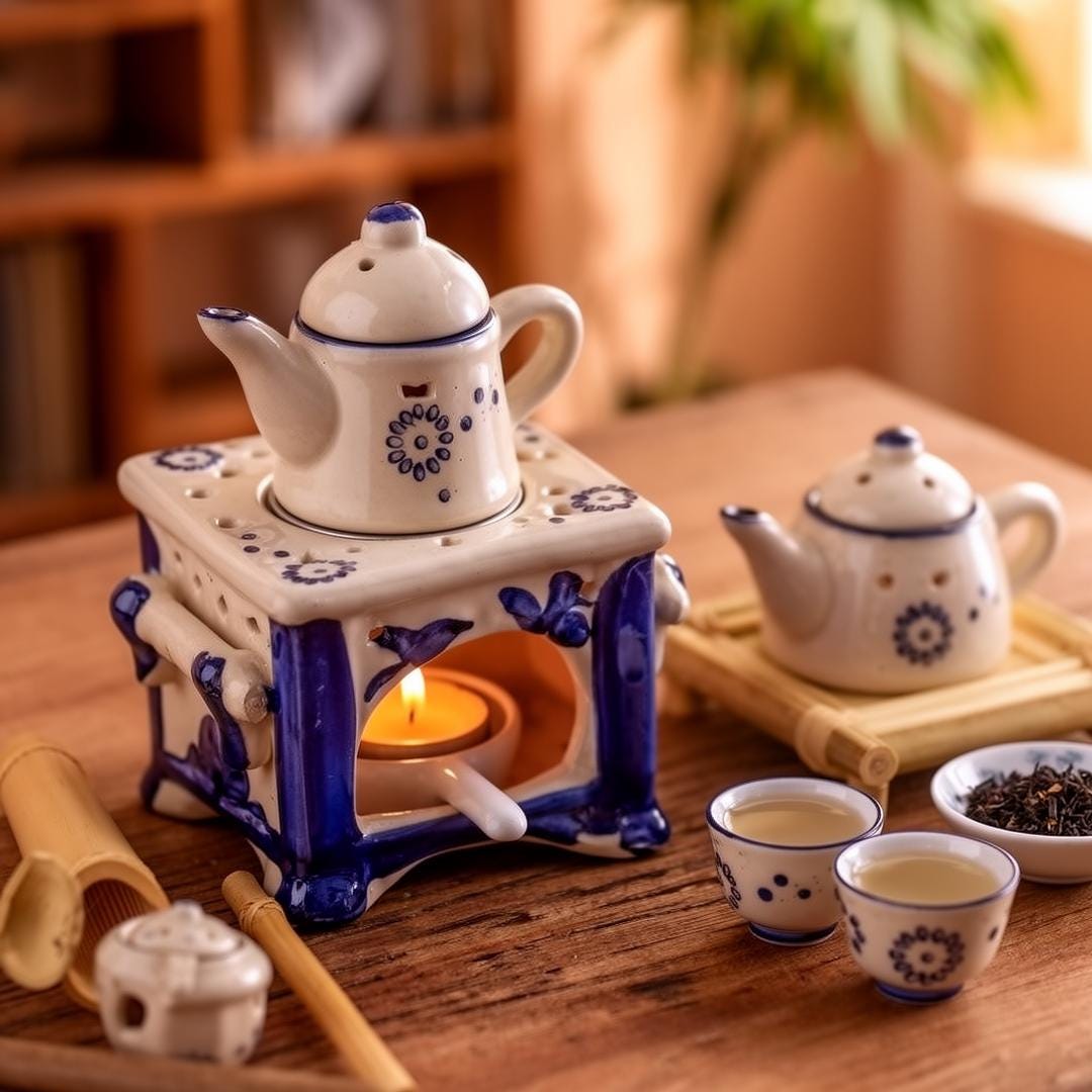 Diffusore di aromi in ceramica vintage 3 in 1, bruciatore di oli essenziali e scalda tè con vassoio portacandele - Decorazione per aromaterapia per la