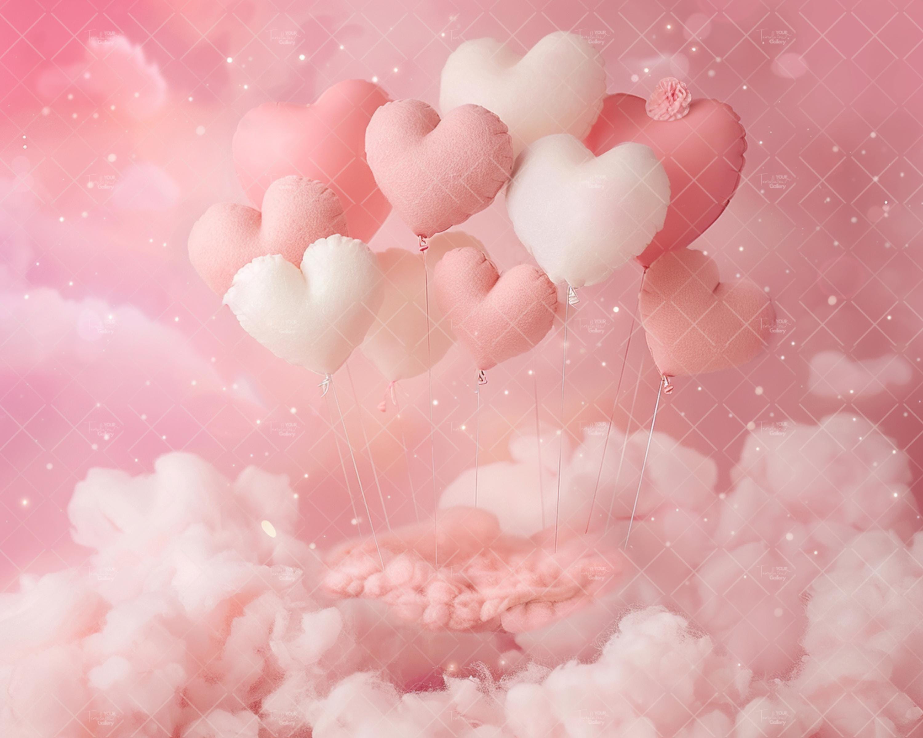 Sfondo digitale per neonati per San Valentino: palloncini a forma di cuore rosa e bianchi, nuvole soffici, accessorio per fotografia di neonati,