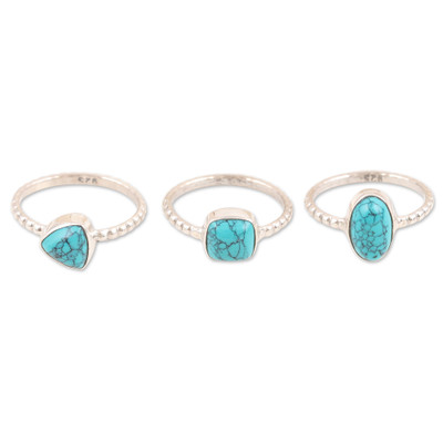 Triple Charm,'Set of 3 Sterling Silver Recon Turquoise Solitaire Rings'