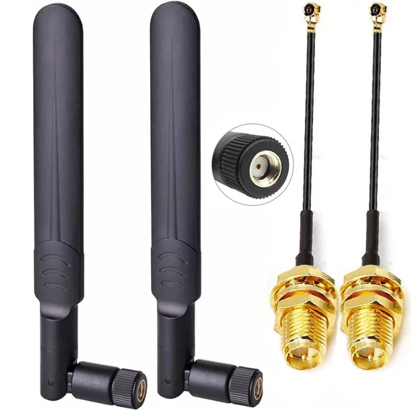 2 antenne WiFi 8dBi 2,4 GHz 5,8 GHz Dual Band RP-SMA maschio + 2 cavi pigtail femmina da I-P-E-X-1 a RP-SMA da 15 cm per router wireless