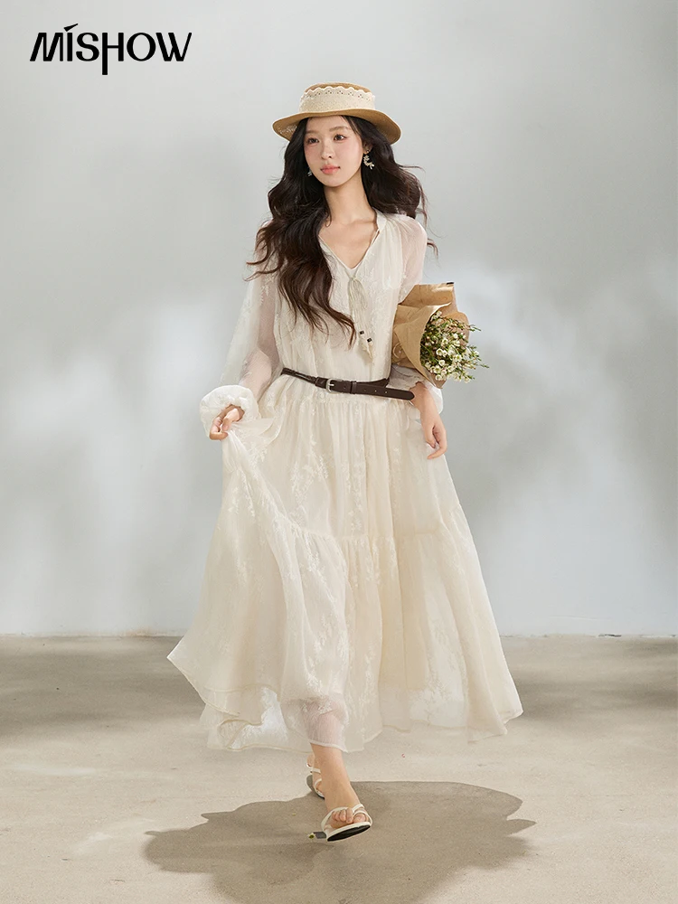 MISHOW Embroidered Long Sleeve Maxi Dress with Belt 2026 Spring Tiered Ruffled V Neck Tassel Tie Solid Chiffon Dress MXF14L2562