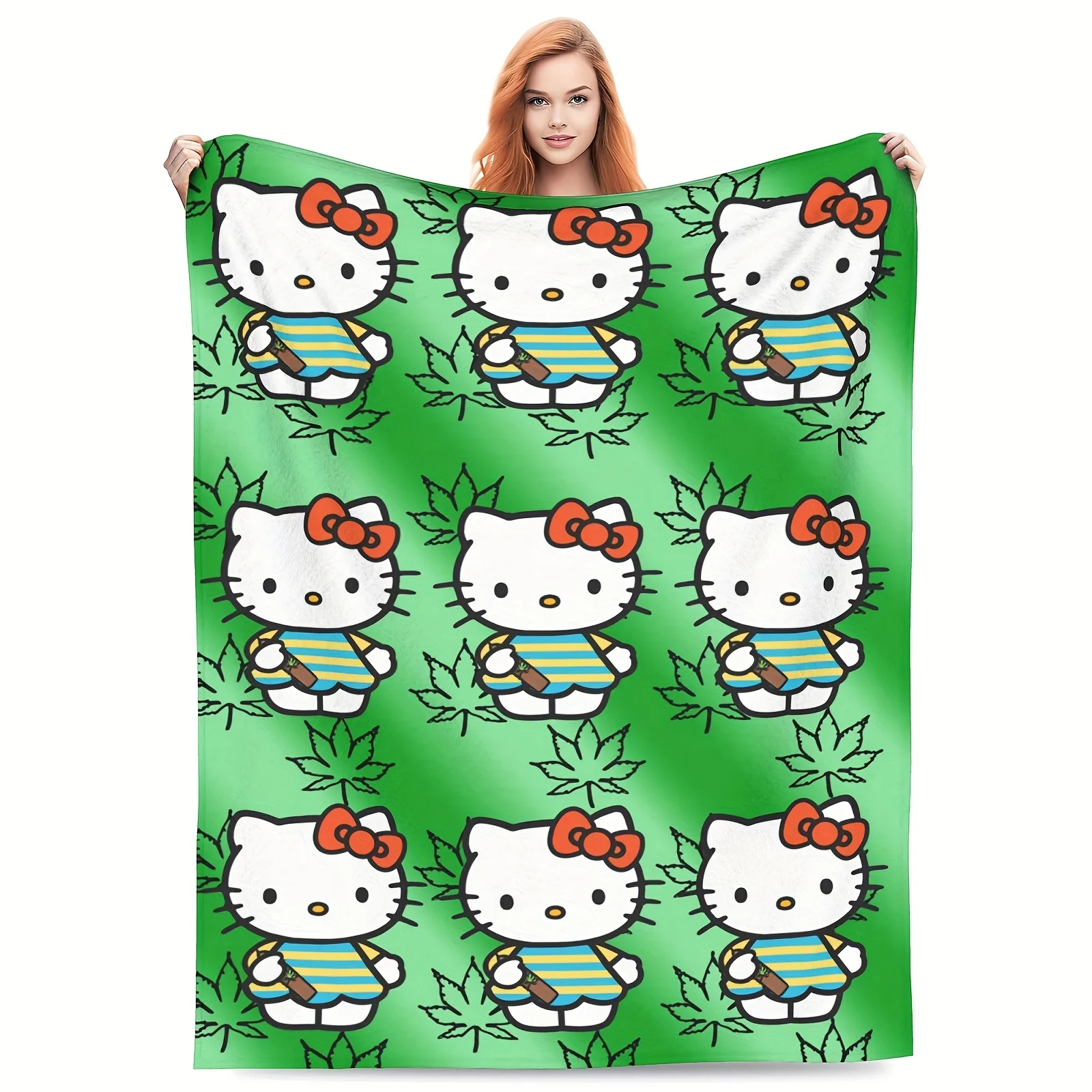 Hello Kitty grüne Überwurfdecke, einseitig, 2D-Druck, Flanelldecke, Schlafzimmer, Wohnzimmer, Couch-Dekoration, lustiges, trendiges Accessoire, Geschenk Image