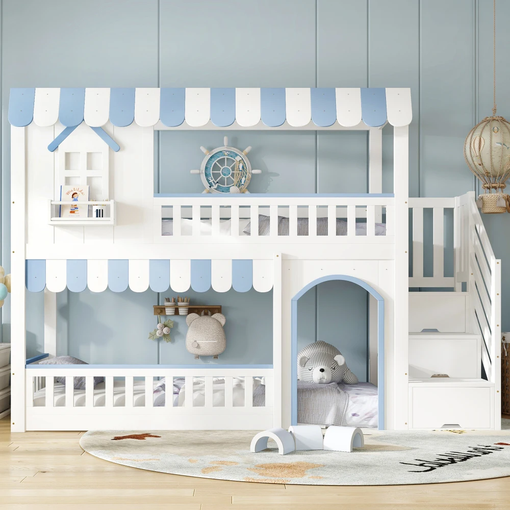 90x200cm Kinder-Etagenbett mit Treppenstauraum, dekorativen Fenstern und stabilem Lattenrost, platzsparendes Kinderbett Image