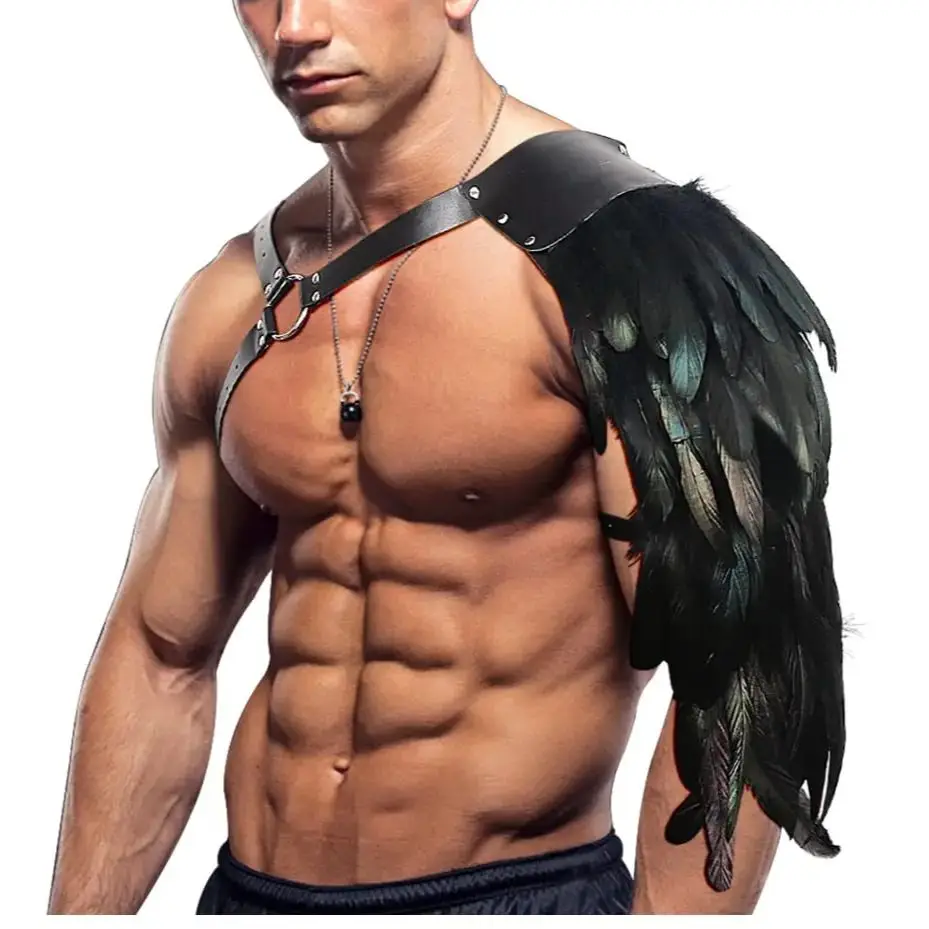 Feder Umhang Halloween mittelalter lichen Mann Gothic Schulter Rüstung schwarz Pu Leder Geschirr Rüstung Kap Piraten Vampir Cosplay Kostüm Image