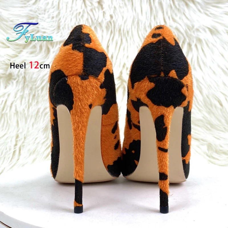 Damen Pumps Orange Pferdehaar High Heels 6CM 8CM 10CM 12CM Dünner Absatz Mode Leopardenmuster Spitze Schuhe Größe 34-45