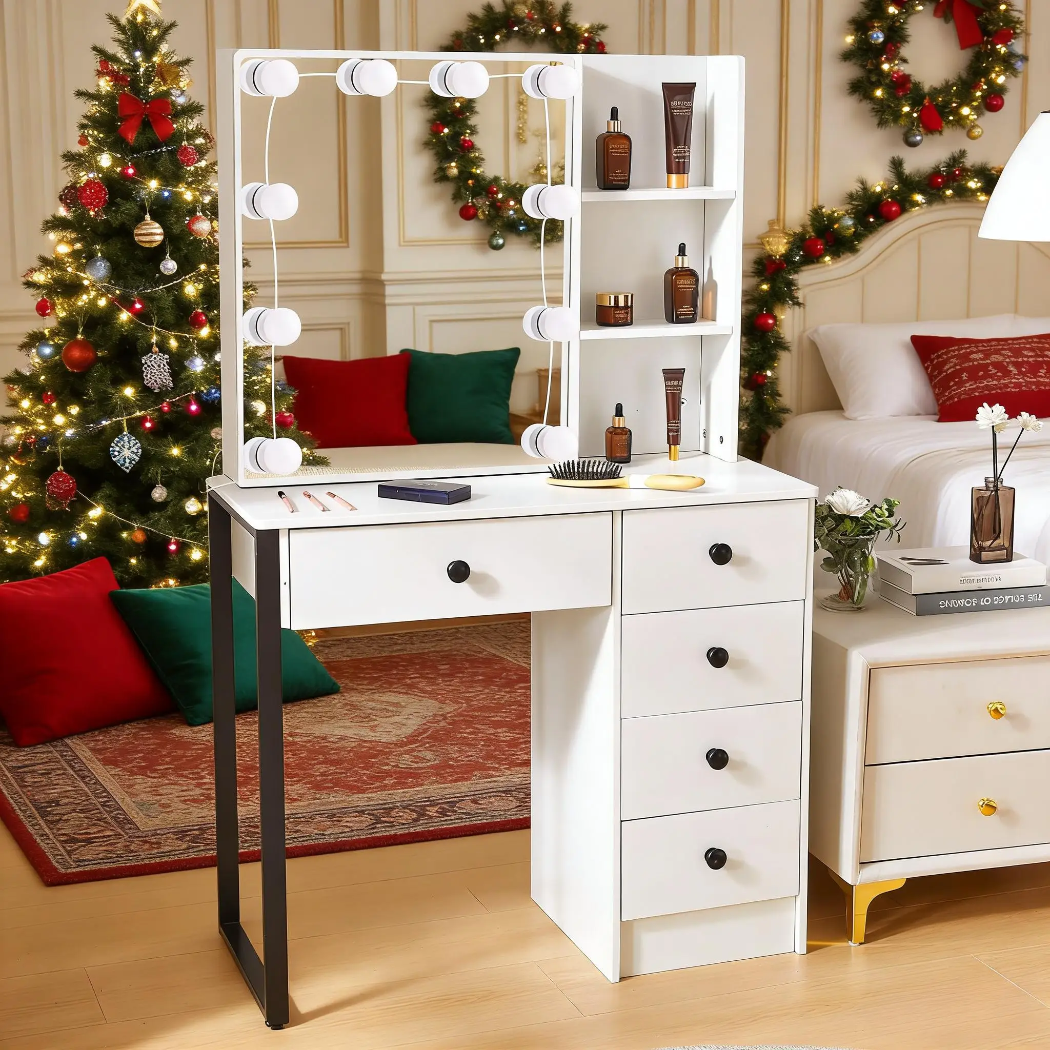 Weißer Schminktisch Frisiertisch Kosmetiktisch mit LED-Spiegel und 5-Drawer Image