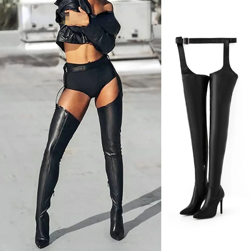 Frauen Chap Stiefel Stretch Zip Up Taille Gürtel Spitz High Heels Stiefel Oberschenkel Hohe Schuhe Sexy Damen Stilettos Große Größe 35-43