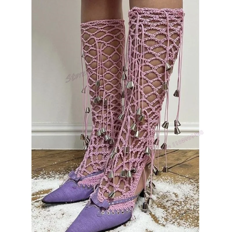 Lila Gestrickte Aushöhl-Pumps Gewebte Spitze Schuhe für Damen Dünne Hohe Absätze Sexy Damenmode Schuhe 2023 Zapatos Para Mujere