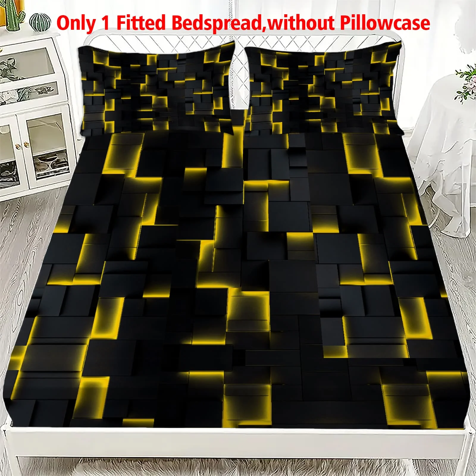 1 Stück Gelb-Schwarzes Spannbettlaken mit geometrischem Würfelmuster, tiefe Taschen, elastischer Matratzenbezug für Einzel-, Doppel-, Queen- und King-Size-Betten, Schlafzimmer-Dekoration Image