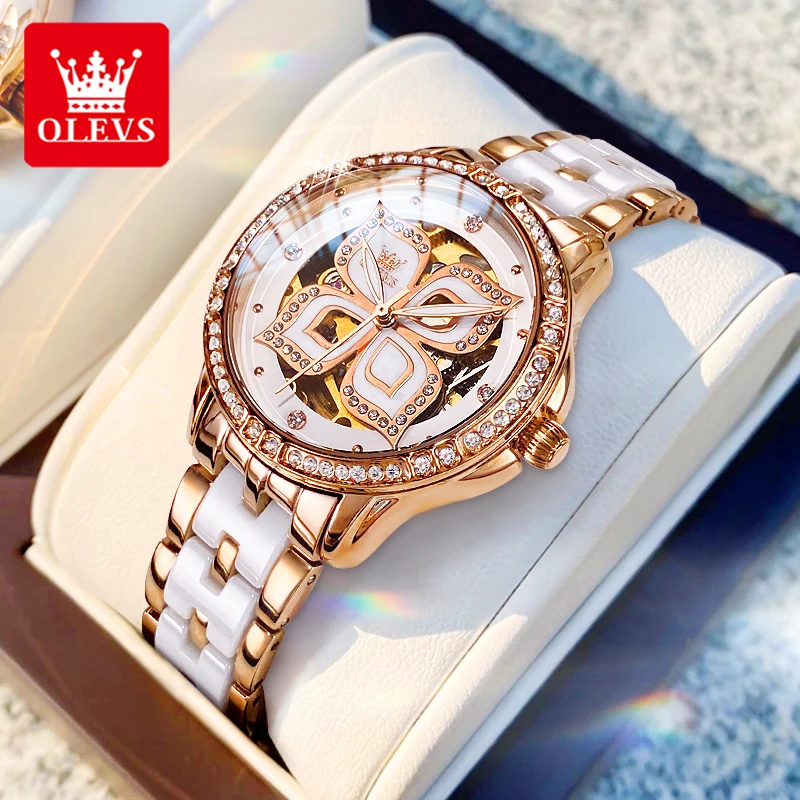 OLEVS 6612 Top-Automatikuhren für Damen, elegante Luxus-Keramik-Stahlarmband, hohles Kleeblatt, Diamant-Zifferblatt, mechanische Armbanduhr Image
