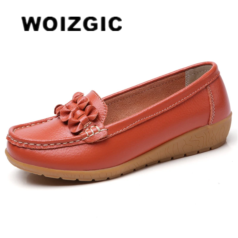 WOIZGIC Frauen Damen Weibliche Mutter Echtem Leder Schuhe Wohnungen Loafers Beleg Auf Atmungsaktive Weichen Bogen Plus Größe 41 42 JTS-169