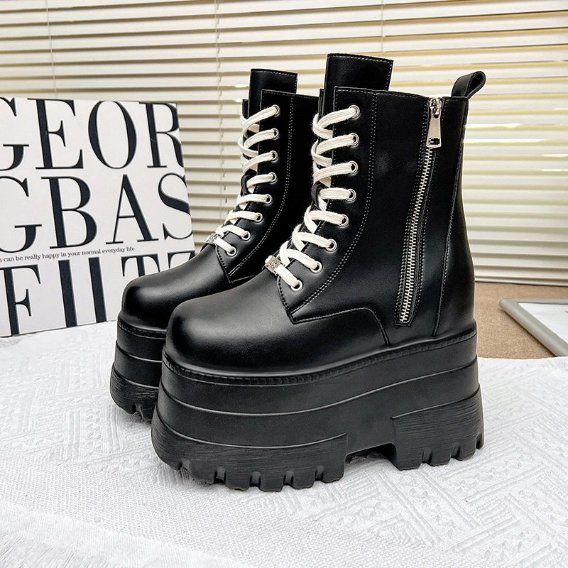 17CM, 13CM Frauen Plattform Stiefel Casual Outdoor Schuhe Chunky Einfache Spitze Up Design Stiefeletten Coole Nachtclub Party schwarze Schuhe