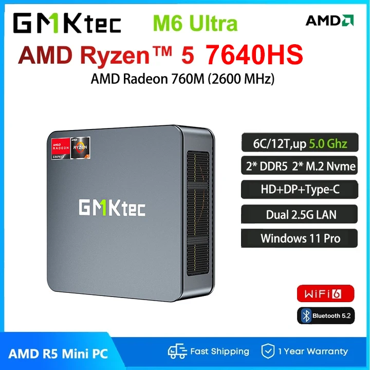 GMKTec M6 Ultra AMD Ryzen 5 7640HS Mini-PC Windows 11 Pro DDR5 4800 MHz PCle 3.0 NVMe SSD Desktop-Gaming-PC Dreifachbildschirmanzeige