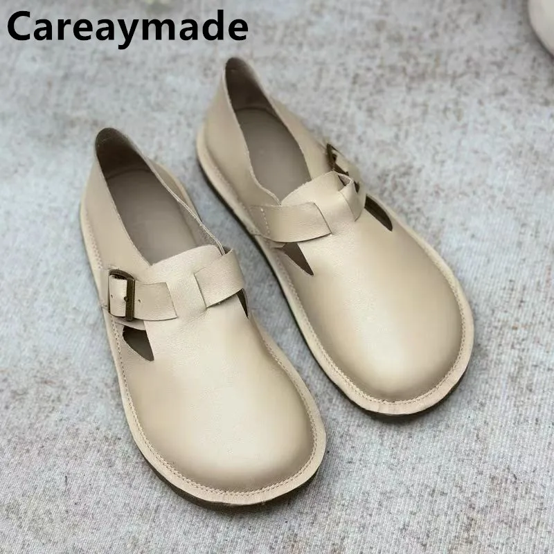 Careaymade-Echtes leder frauen schuhe frühling retro runde kopf plain casual flache gummi unten gürtel schnalle frauen einzel schuhe