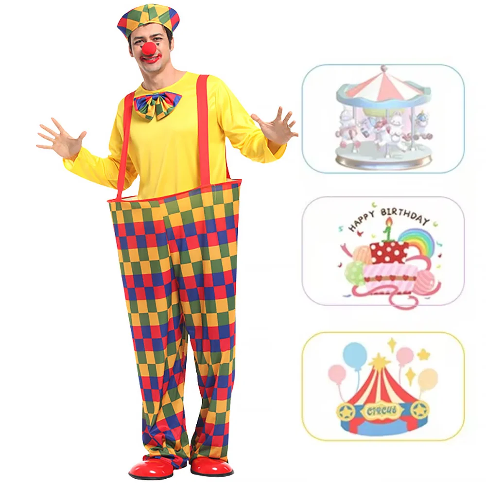 Urlaubs-Clown-Kostüm in großer Größe, Bühnenkostüm, Tanz-Performance-Kostüm, inklusive Schuhe, Nasenperücke für Körpergröße 165–175 cm