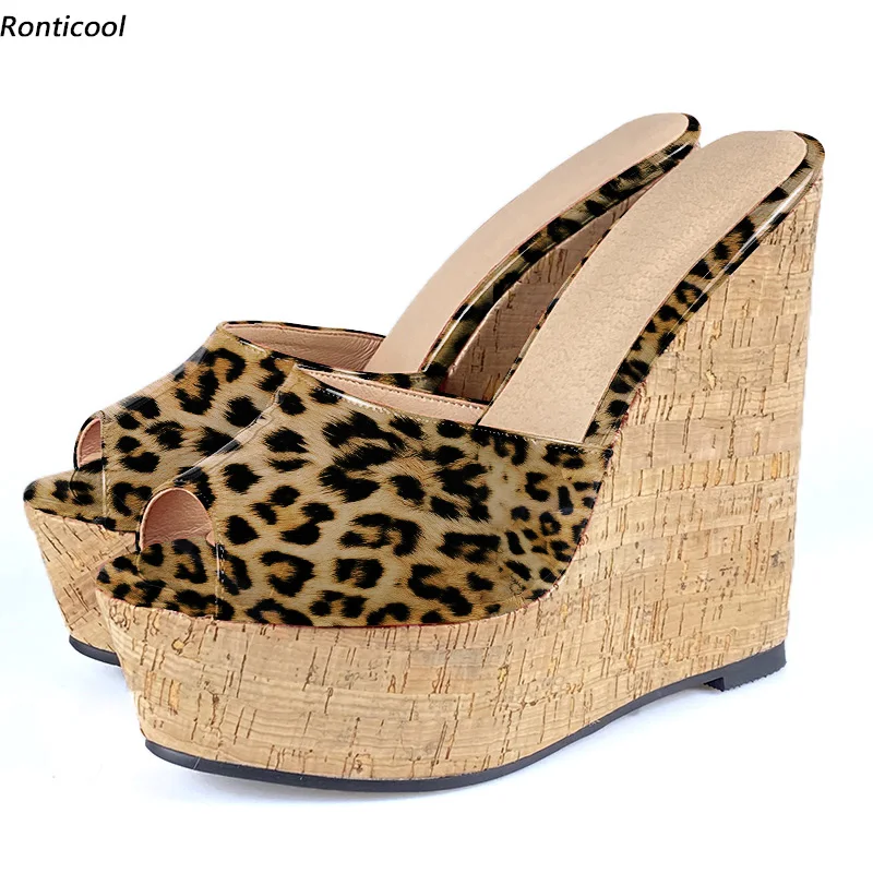 Ronticool Handgemachte Frauen Pantoletten Glänzende Sandalen Sexy Leopard Keile Ferse Offene spitze Braun Blau Grau Party Schuhe Frauen Plus Größe 35-52