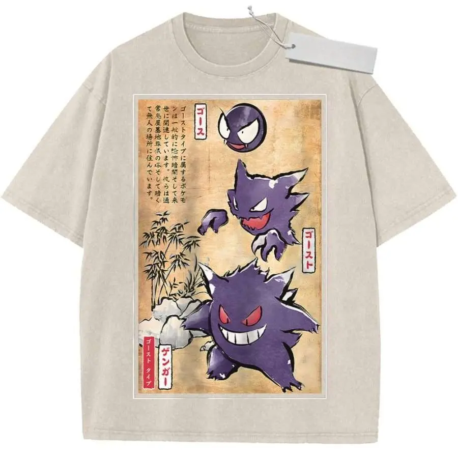 Pokemon Gengar Grafik T-Shirt für Herren und Damen Übergroßes Vintage-Washed Anime Kurzarm-Shirt Sommer 2026 Streetwear Lässige Oberteile Y2k Image