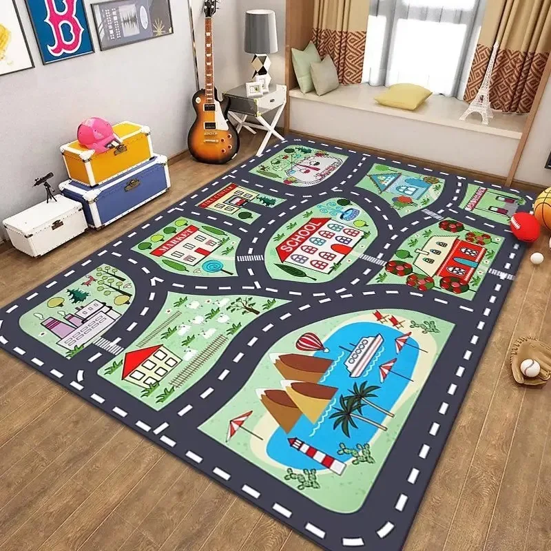 Kinder-Stadtstraßen-Spielteppich Interaktive Cartoon-Stadtverkehrskarte Lehrreicher Urbaner Abenteuer-Thematik-Teppich Weicher Rutschfester Spielmatte