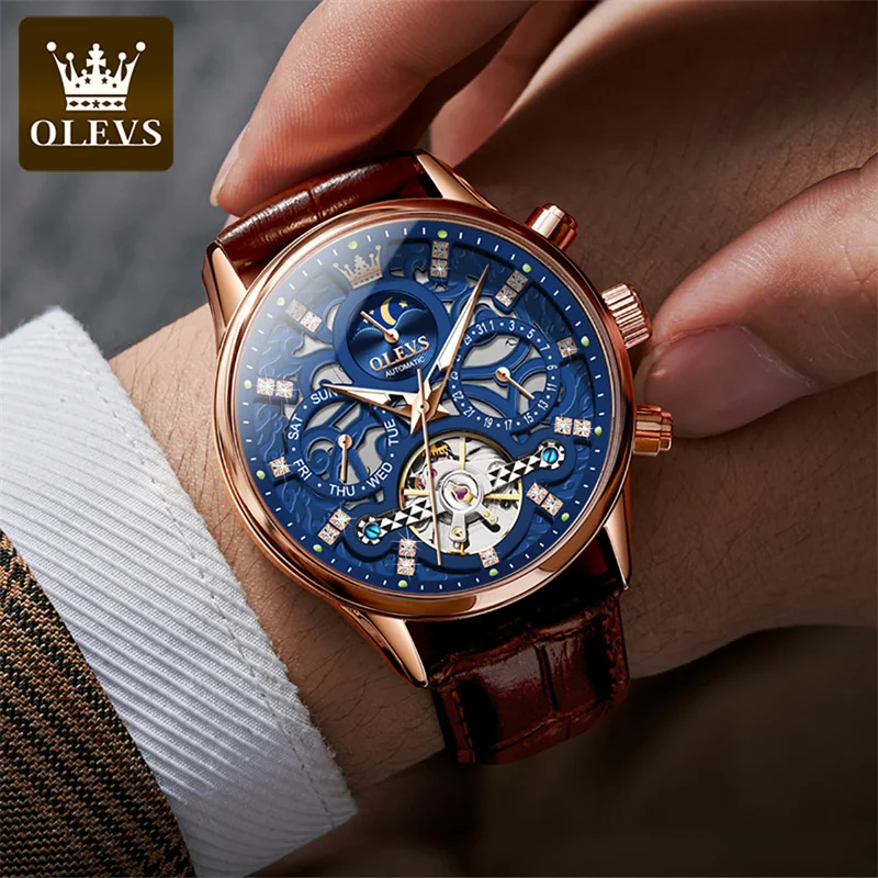 Olevs Luxusmarke Geschäft automatische mechanische Uhr Männer Mondphase leuchtende wasserdichte Skelett Tourbillon Uhren reloj Image