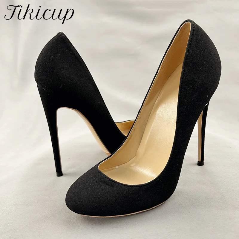 Tikicup Damen Flock Wildleder Runde Zehen Slip On High Heel Schuhe 10 cm 12 cm Elegante formelle Kleidung OL Stiletto Pumps Schwarz Grau Braun