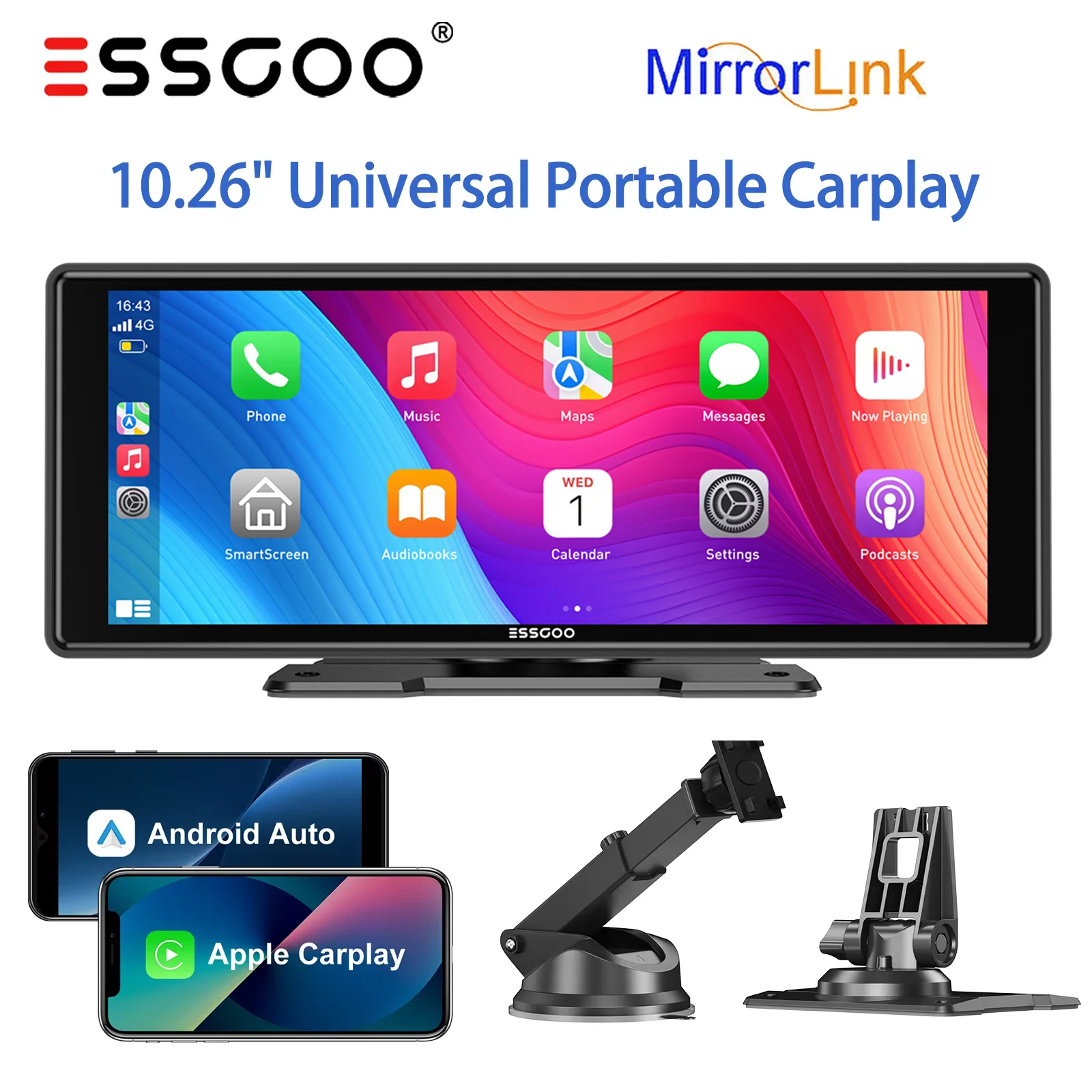ESSGOO 10,26 Zoll Universelle Tragbare Dashcam Kabelloses CarPlay Android Auto 1600*600 HD-Display GPS-Navigation Mirror Link FM USB BT AUX TF Image