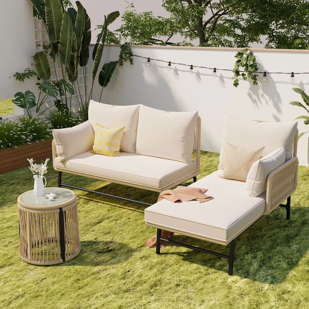 Garten-Lounge-Set, L-förmiges Gartenmöbel-Set, mit Eisenrahmen und beigefarbenem Seilbezug, aus geflochtenem Seil, mit Tisch