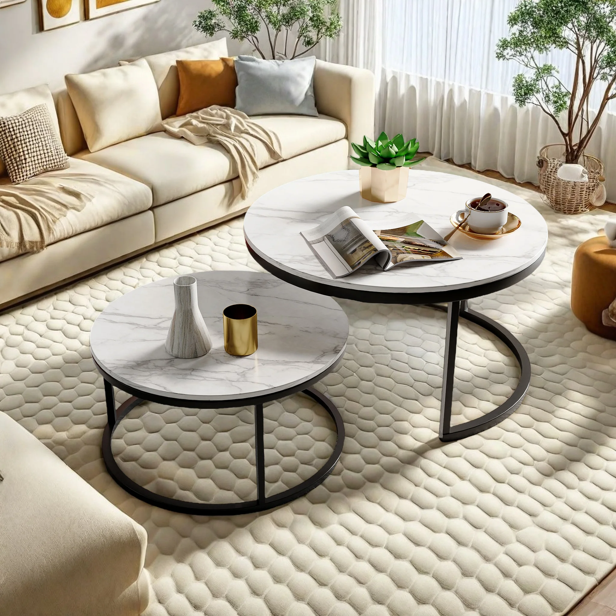 Anajqaqia 2-teiliges rundes Couchtisch-Set, Sofatisch mit schwarzem Metallrahmen, für Wohnzimmer und Schlafzimmer, Oberfläche in Kunstmarmor-Optik