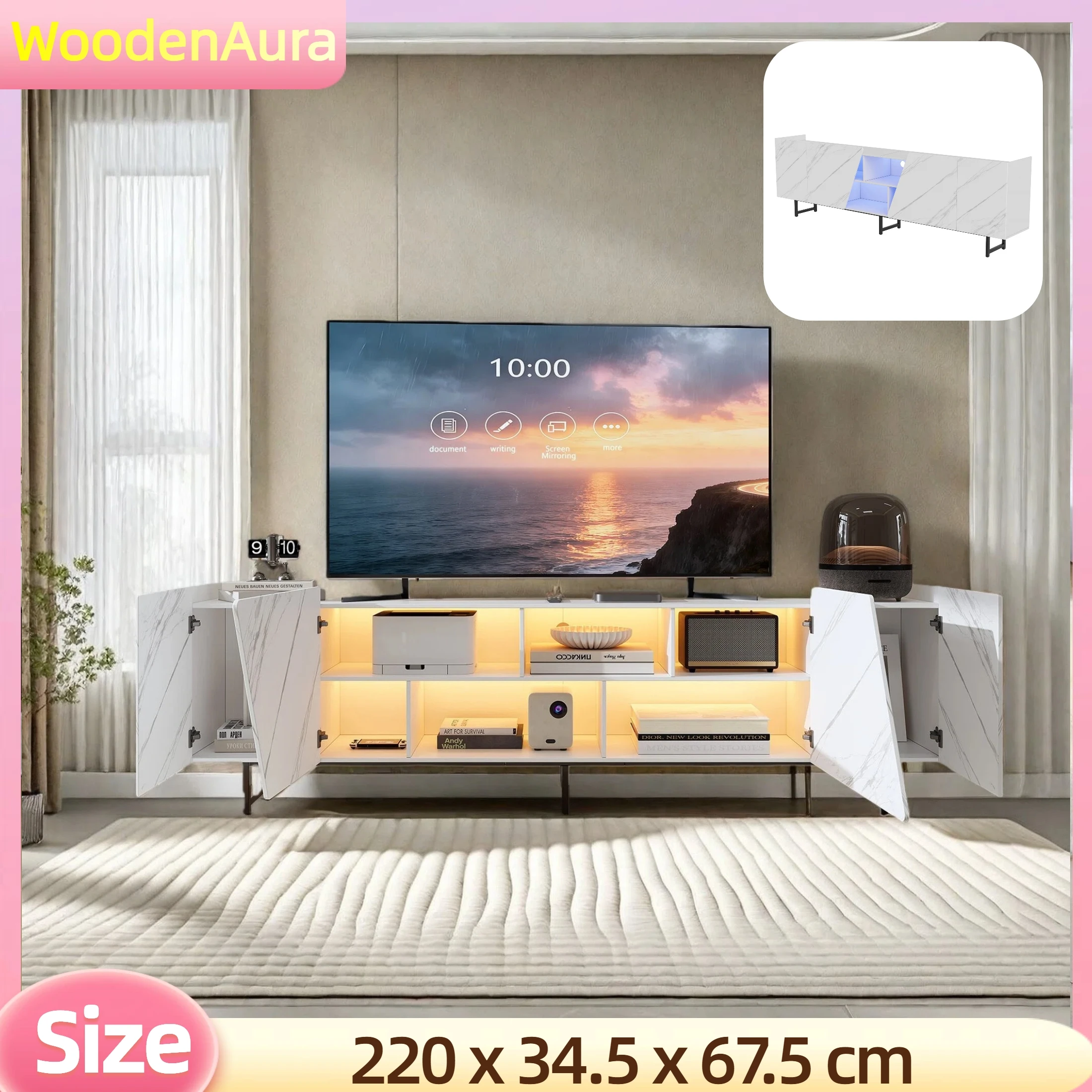 TV-Schrank, 220 cm lang, großer Stauraum, Marmoroptik, schlichtes und modernes Design, weiß, Beistelltisch. Image