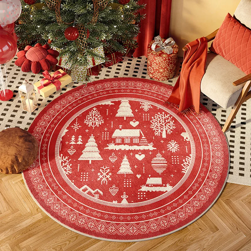 VIKAMA Runder Weihnachtsteppich für Wohnzimmer, rotes Farbschema, festlicher Weihnachtsbaum, fröhliche Heimdekoration Image
