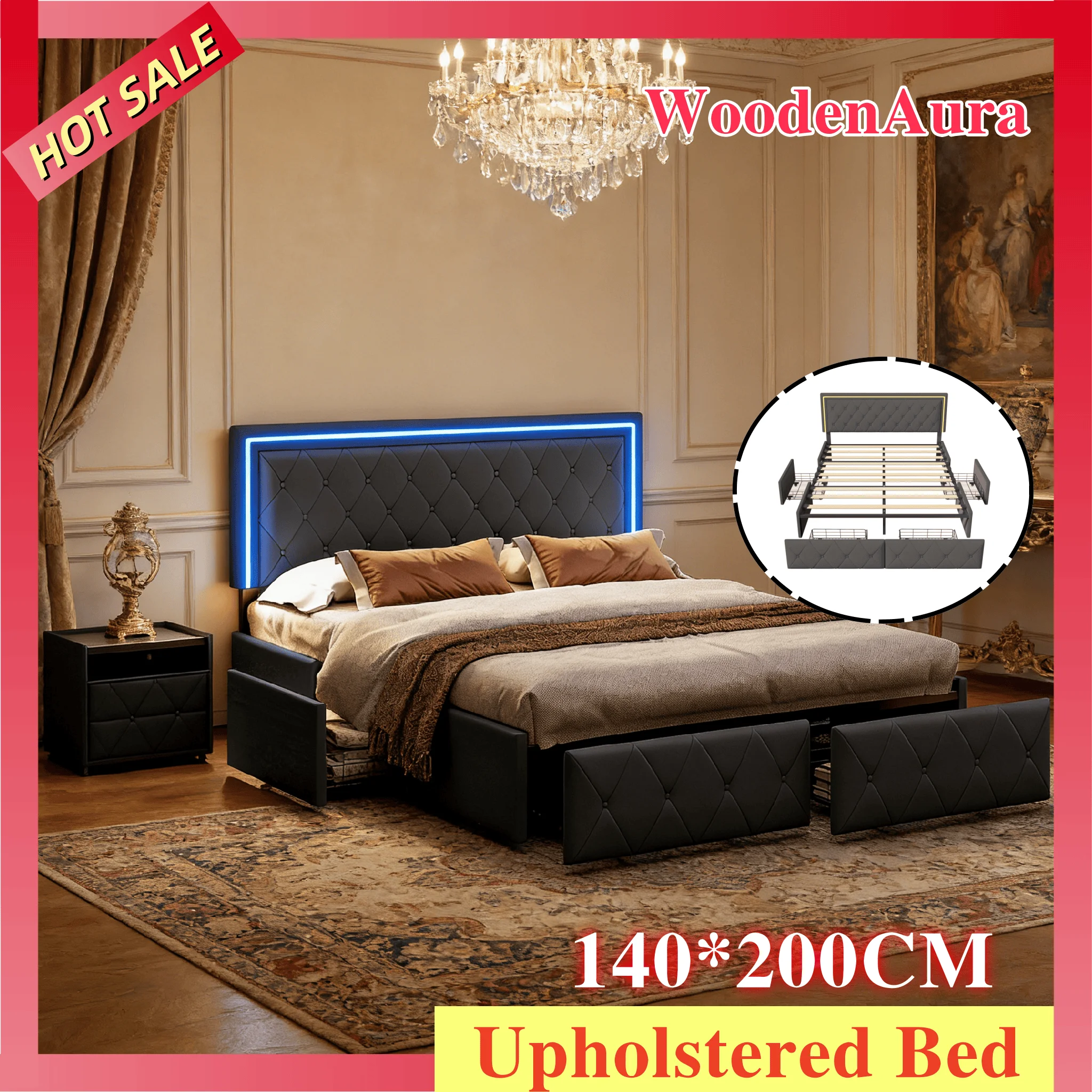 WoodenAura Bett 140x200 cm, gepolstert mit LED-Beleuchtung, 4 Schubladen, PU-Material, Lattenrost, grau, Jugendbett