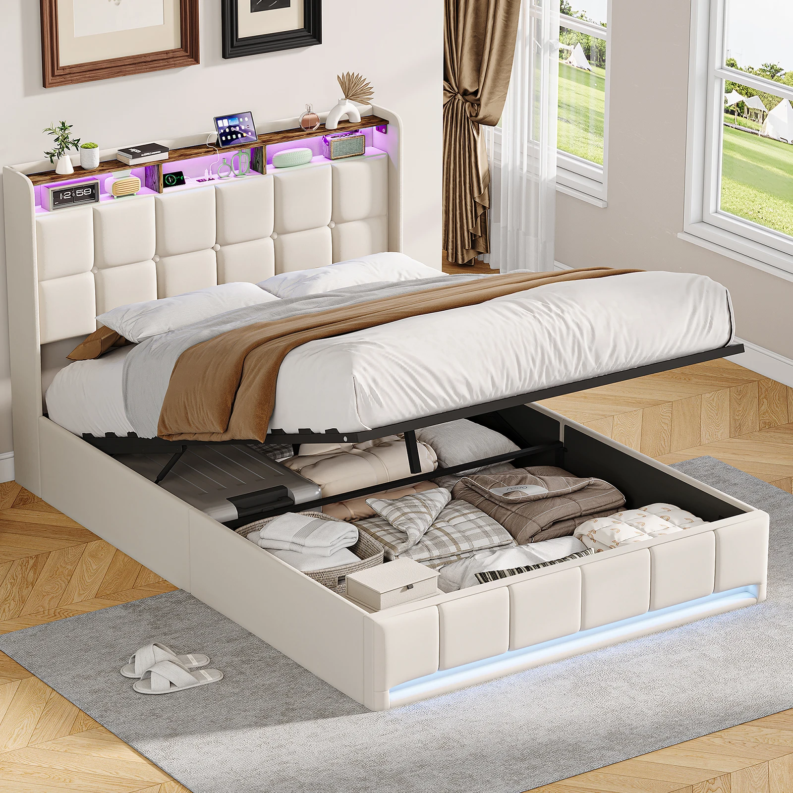 Anajqaqia 140x200cm Doppelbett, Erwachsenenbett, Modernes Multifunktionsbett, Trennwand, LED-Lichtleiste, Kabelloses Laden, Bett mit Leinenbezug Image