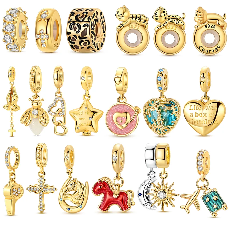 Neue 925 Silber Charms Anhänger Goldenes Pferd Flugzeug Kreuz Sonne Dangle Passend für Damen Original Armband DIY Schmuck Geschenke Image