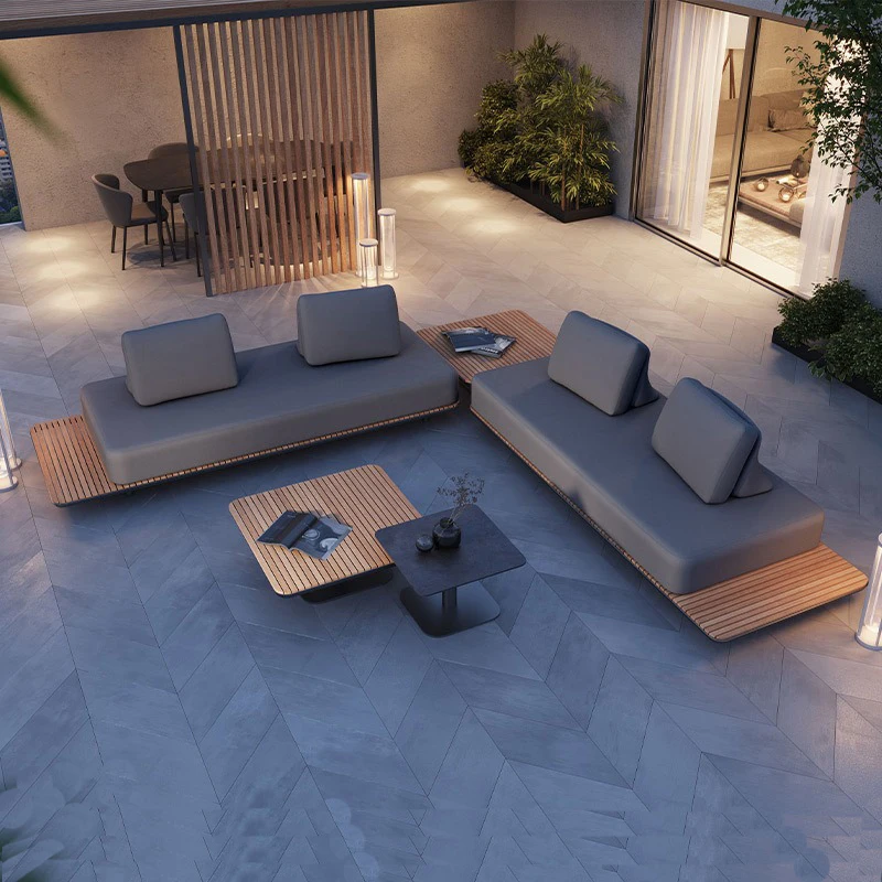 Moderne, schlichte Outdoor-Terrassenmöbel aus Teakholz und Aluminiumlegierung, wasserdichte Ecksofa-Kombination für den Außenbereich