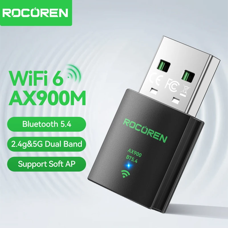 Rocoren AX900 WLAN-USB-Adapter, Wifi 6, Bluetooth 5.4, 2-in-1-Dongle, Dualband 2,4G & 5GHz, Hochgeschwindigkeits-Netzwerk-Empfänger für PC Image