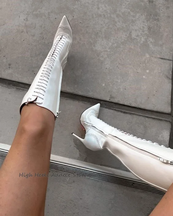 Winter Weiße Schnür-Lacklederstiefel für Damen Schwarze Spitze Stiletto-Absätze mit Rosa Sohle Große Größen Designer-Schuhe