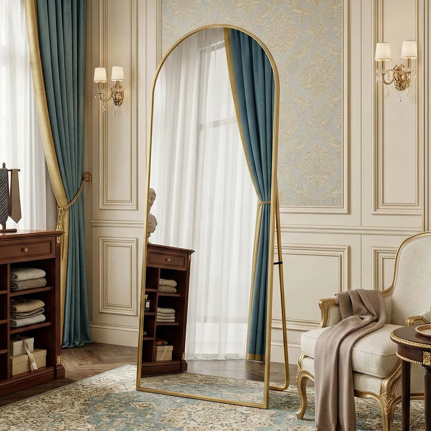 Goldener Bogenspiegel 162x53cm, HD-Hartglas, Premium-Aluminiumrahmen, Stand- oder Wandspiegel, modernes, schickes Design & Luxus