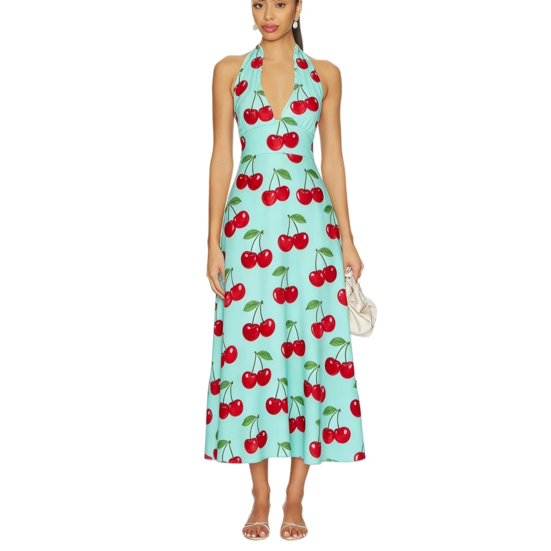 Abito lungo estivo da donna casual con stampa digitale scollo all'americana verde menta stampa ciliegie linea ad A senza maniche scollo a V profondo giocoso