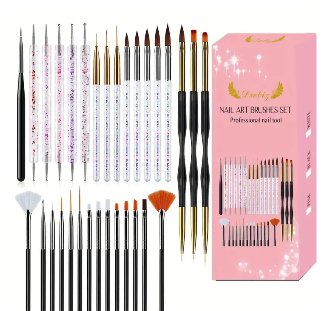 Set 31 pz Set Pink Nail Art Brush Kit penna punteggiata + pennello per pittura + disegno a linee penna per intaglio + Gel UV pennello per Manicure strumenti fai da te
