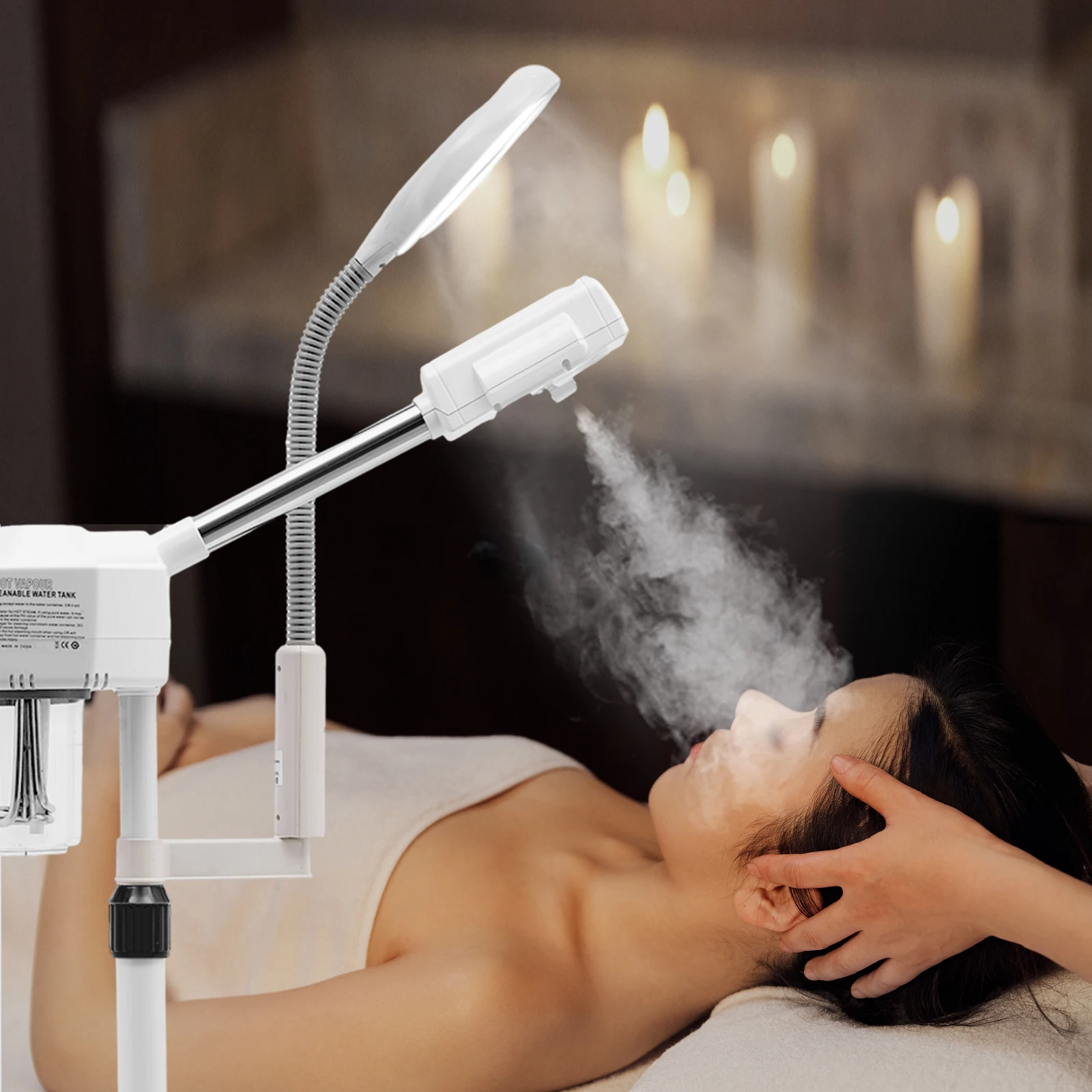 Appareil de soin du visage professionnel blanc 2 en 1 - Machine à vapeur faciale grossissante 5x, appareil de soin du visage sur pied avec cordon (norme européenne)