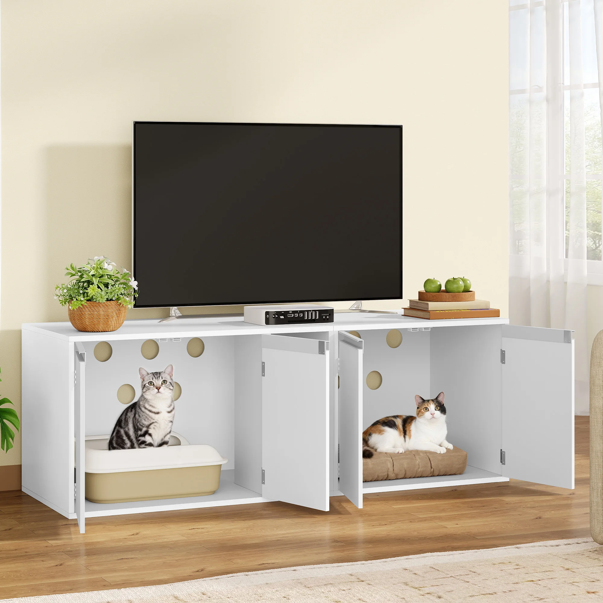 Meuble pour 2 chats, armoire pour litière de chat, maison pour chat dissimulée avec deux compartiments, peut servir de meuble TV, meuble pour chat, blanc