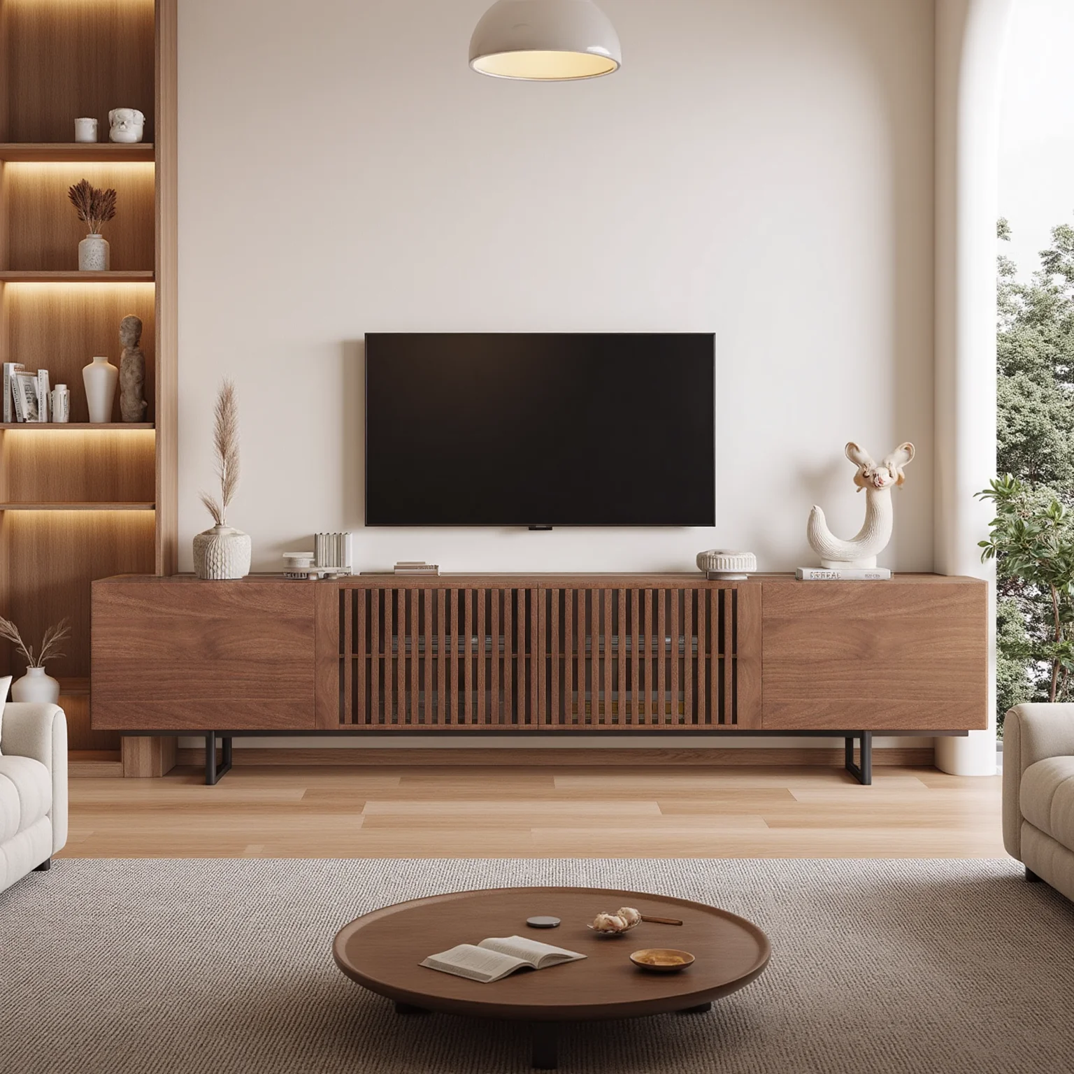 Meuble TV 180 cm adapté pour téléviseur 75 pouces, meuble bas avec portes à lattes et grand espace de rangement, meuble TV polyvalent (180 cm)