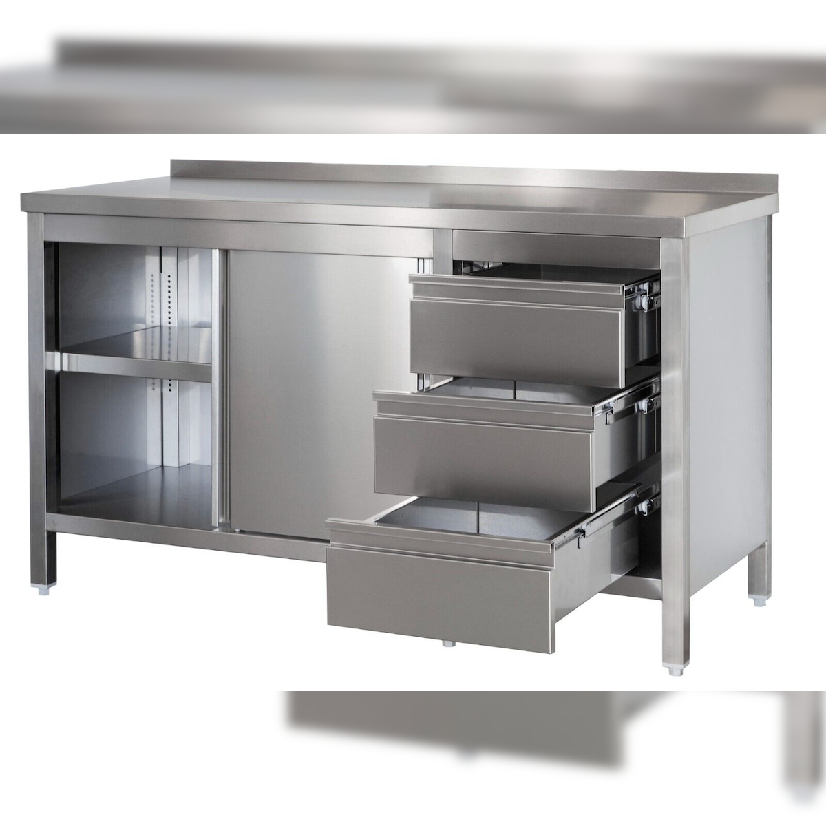 Gastro Arbeitsschrank mit Grundboden, Schiebetüren, Schubladen rechts, Aufkantung & Zwischenboden Chromstahl (BxT) 1900 x 800 mm Image
