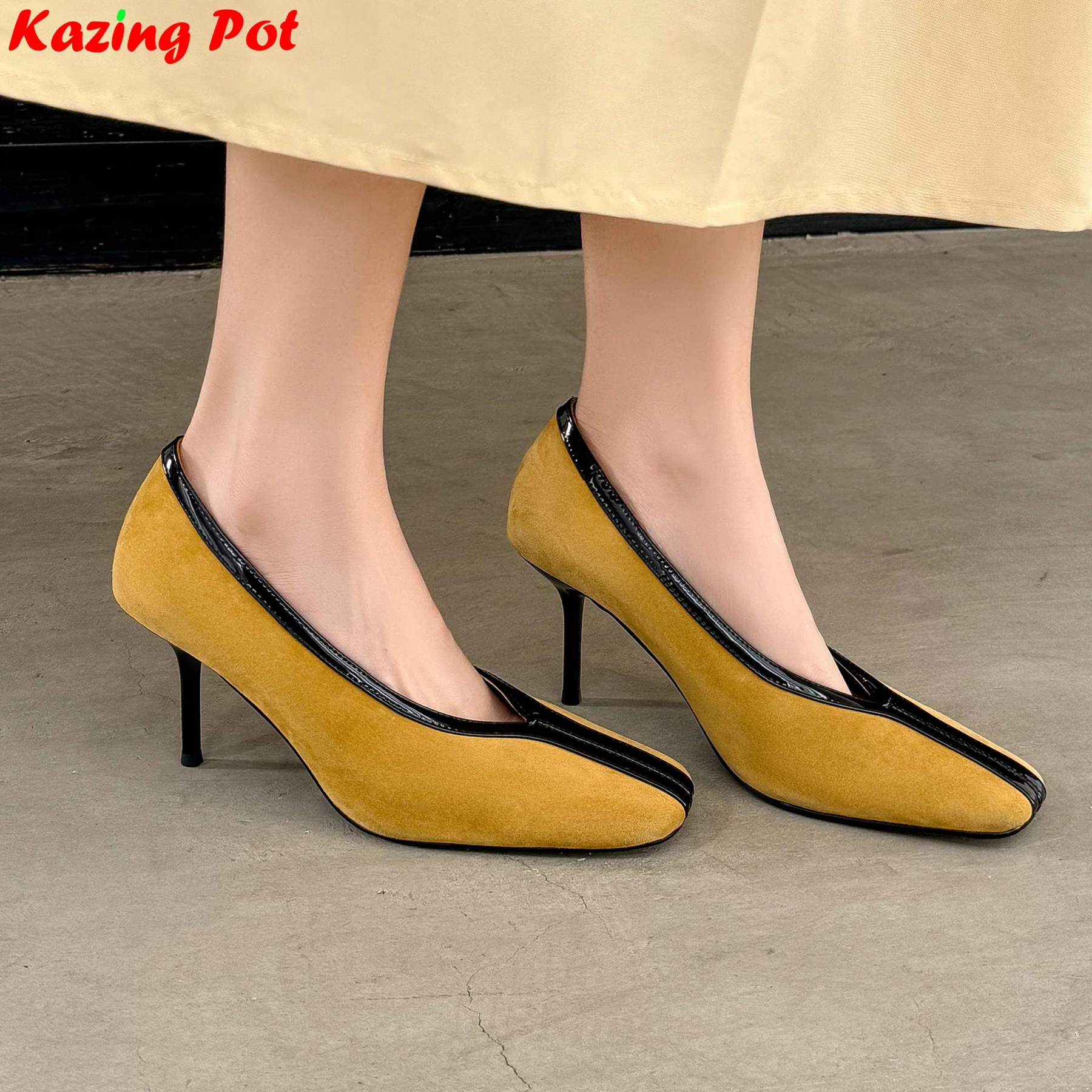 Krazing Pot Superstar Kid Suede Shallow Square Toe High Heels Spring Autumn Shoes Office Lady Party Wedding Dress Women Pumps
