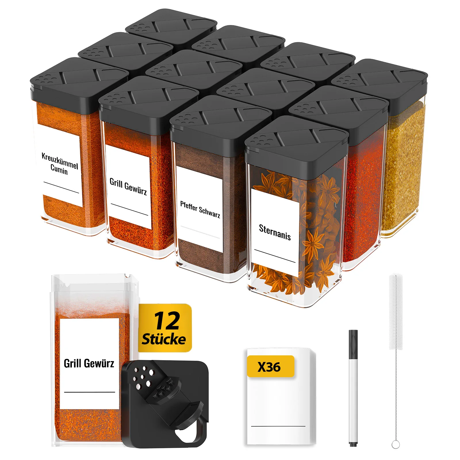 Set di 12 barattoli di spezie quadrati in vetro ermetici (Incl. Etichette, pennarello e spazzola per la pulizia), contenitori per la conservazione delle spezie da cucina