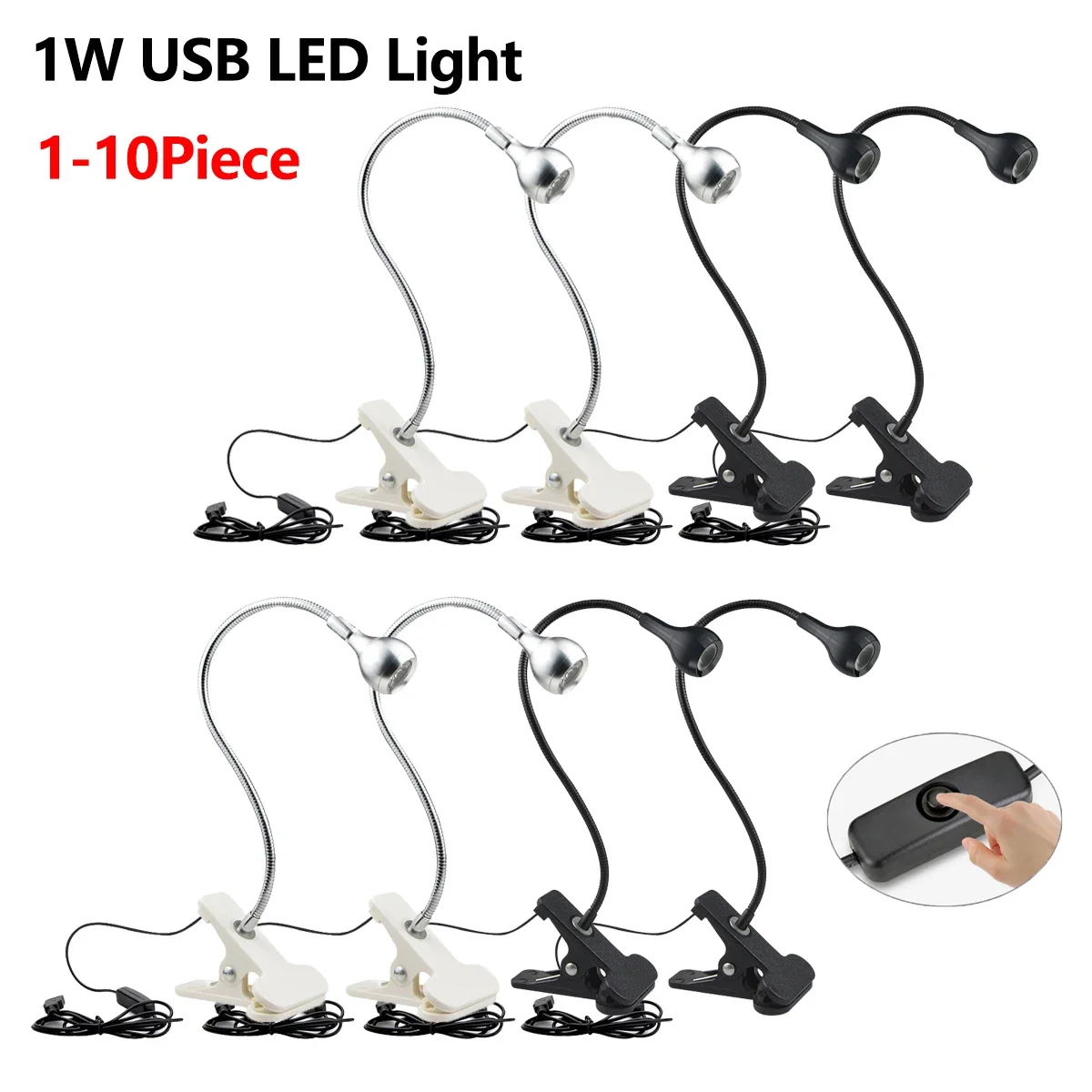 LED-Nachttischlampe USB 5V Klemmleuchte mit flexibler 360°-Biegung ° Schwanenhals-Buchlampe Augenschonende Leselampe, 1W Schreibtisch-Nachtbeleuchtung