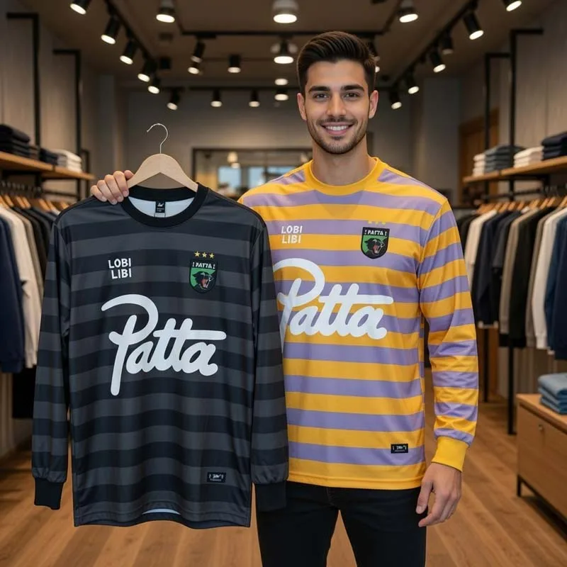 Patta Lobi Libi Vintage Gestreiftes Langarm-Trikot Gelb-Lila Fußball-Oberteil mit Gesticktem Wappen Patta Schrift-Logo Unisex