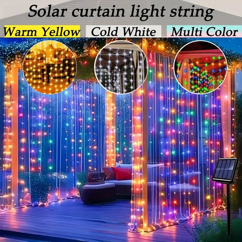 Solar-Vorhang-Lichterkette, 3 x 3 m, 8 Beleuchtungsmodi, Solar-Garten-Lichterkette für Weihnachten, Hochzeit, Terrasse, Party, Urlaubsdekoration