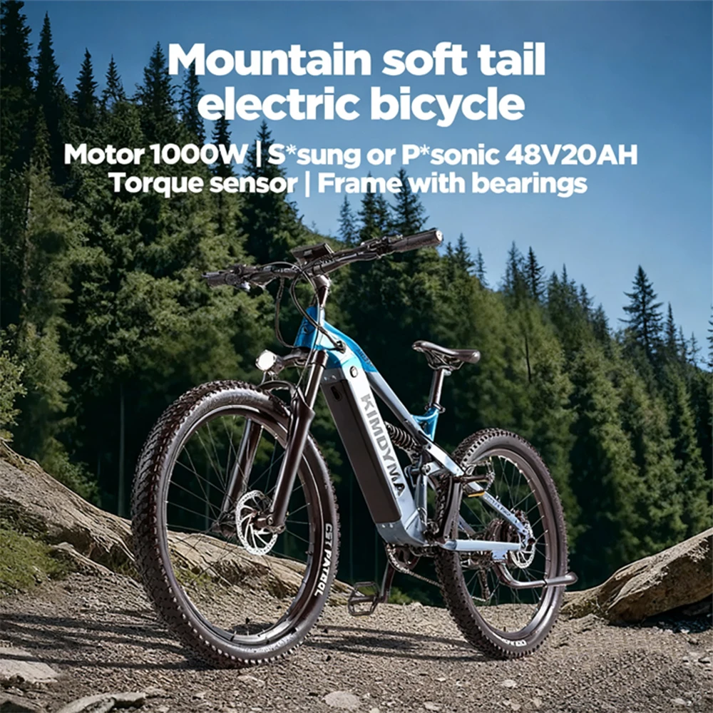KIMDYMA K01 Elektro-Mountainbike, 27,5 x 2,8 Zoll, 1000 W/250 W, 48 V, 20 Ah, große Reichweite, leistungsstarker Motor, vollgefedte hydraulische Bremse Image