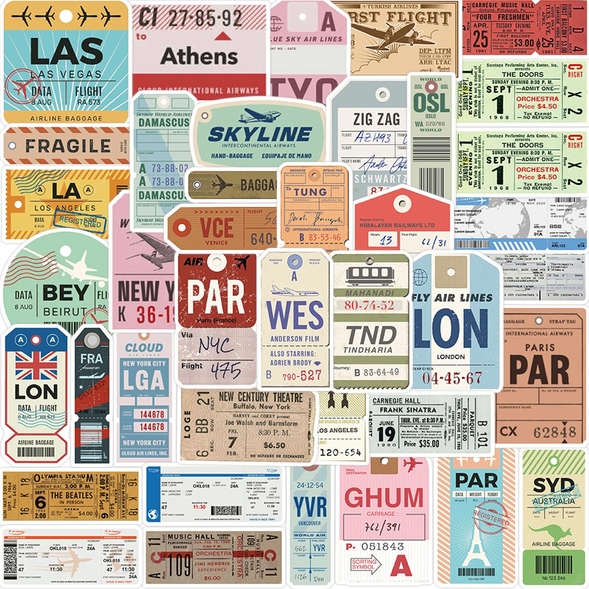 40 Vintage-Reiseticket-Aufkleber im Stil alter Gepäckanhänger, mit globalen Stadt- und Flughafencode-Elementen, für DIY-Journaling und Dekorationsmaterialien Image