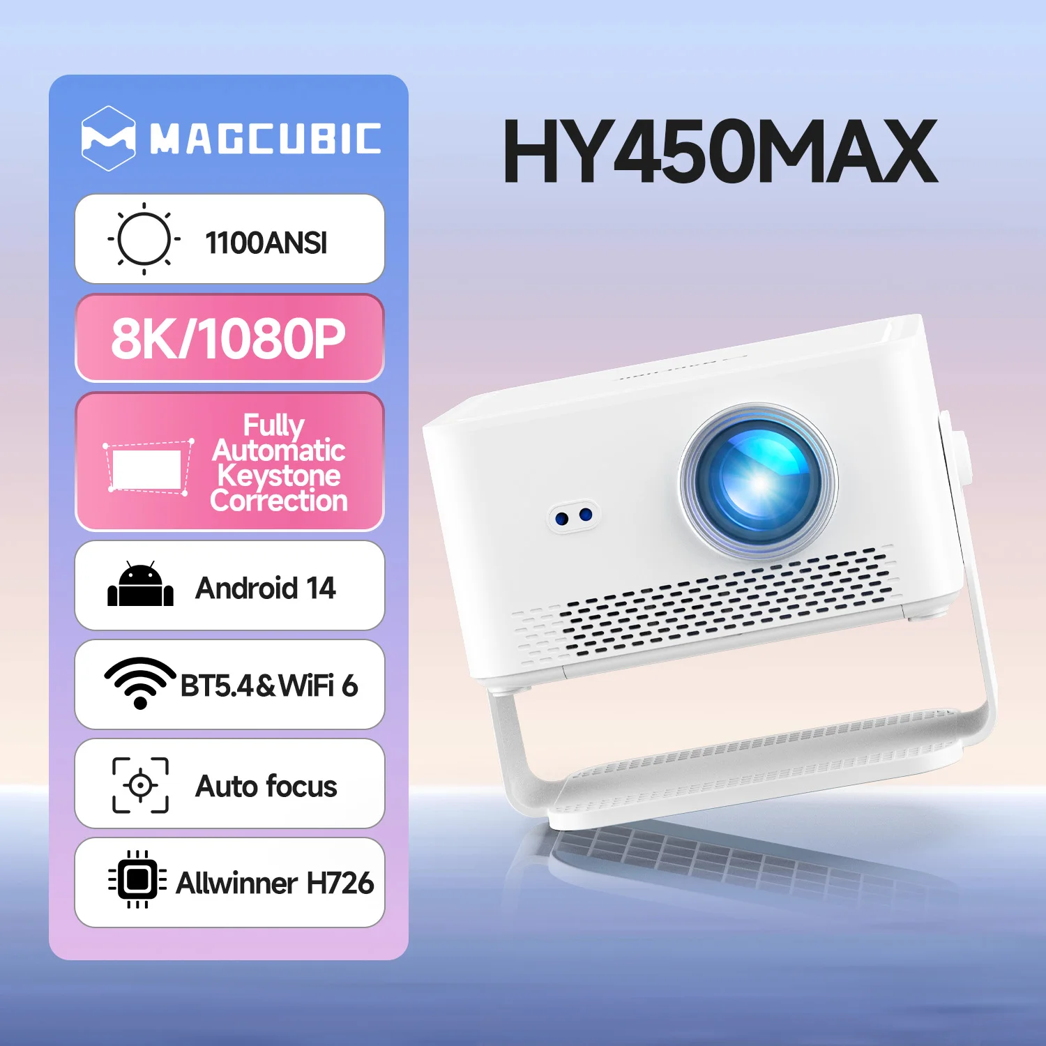 Magcubic HY450MAX Tragbarer Outdoor-Projektor 1100ANSI 1080P Autofokus 8K-Unterstützung Android 14 WiFi6 Beam Mini-Projektor Image